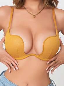 女士黄色U型露背深V聚拢提拉文胸，柔软钢圈，舒适时尚 - 黃色 - 查看 11