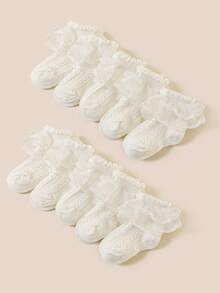 Conjunto de 5 pares de meias infantis, meias de princesa com babados na borda, em cores sólidas, macias e respiráveis, em malha respirável e agradável à pele. Meias de princesa versáteis, confortáveis e estilosas, perfeitas para presente de aniversário, apresentações de dança, uso diário, Dia dos Namorados e looks para a faculdade. - Bege - Ver 2