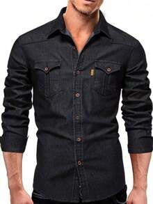 Primavera y verano chaquetas de los hombres, de algodón, delgado, chaqueta de solapa, camisa de doble bolsillo, estilo de la calle, la moda urbana, adecuado para el uso diario de desgaste - Negro - Ver 5