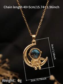 1件星月宇航员吊坠项链，18K镀金梦幻太空主题首饰，适合日常佩戴，异地恋礼物 - 金色星球星月太空人項鍊 - 查看 6