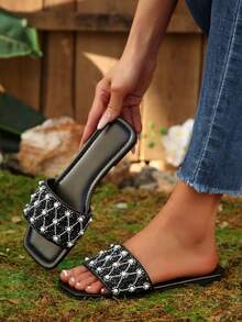 Women's Plus Size Flat Sandals, Vacation Style, Casual & Versatile, Rhinestone Decor Slip-On Slippers - Brown - View 6