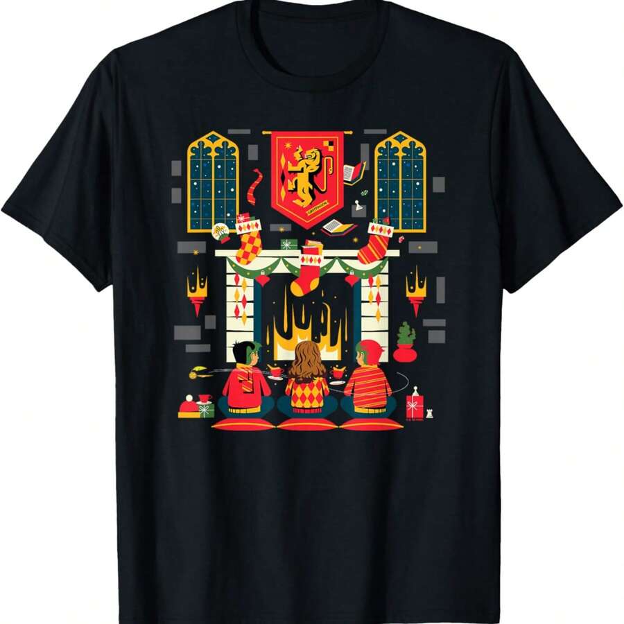 Harrys Potters Christmas Friends In Front Of The Fireplace T-Shirt - Black - View 1