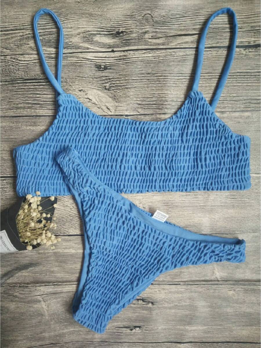 Women's Sexy Triangle Bikini Set Smocked Textured Scoop Frilled Solid Ruched Elastic Swimsuit Two Piece Bathing Suit - Blue - View 1