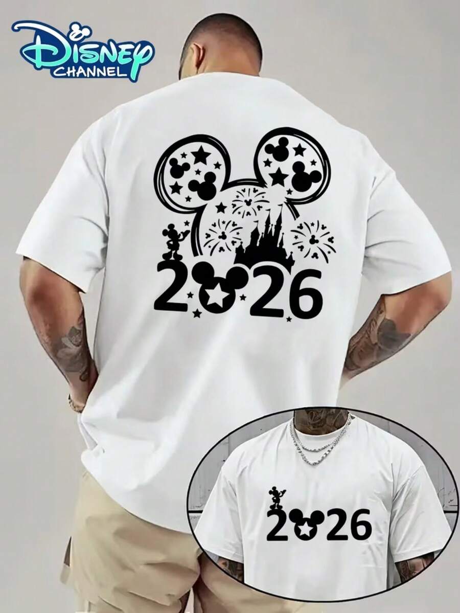 Disney's New 2026 New Year Element Mickey Mouse Pattern Printed Men's Fashion T-Shirt, Summer Sports And Leisure Wild Short Sleeve, Simple Pullover Round Neck Short Sleeve Men's T-Shirt, Suitable For Casual Wear And Daily Activities. - trắng - Xem 1