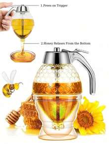 1个蜂蜜分配器，防滴漏创意压力感应蜂蜜罐，经典手动蜂窝设计糖浆罐，蜂蜜罐，果汁杯，塑料液体分配器 - 透明 - 查看 1