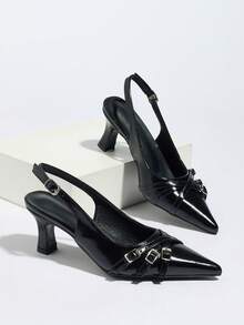 Solid Color PU Leather Buckle High Heel Shoes, Cargo Style Style, Spring/Summer - Black - View 15