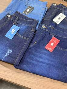 Set Of 4 Men's Dark Medium Faded Denim Shorts With Elastane, Slim Fit, Direct From The Factory, Premium, Various Washes - Màu xanh lam - Xem 4