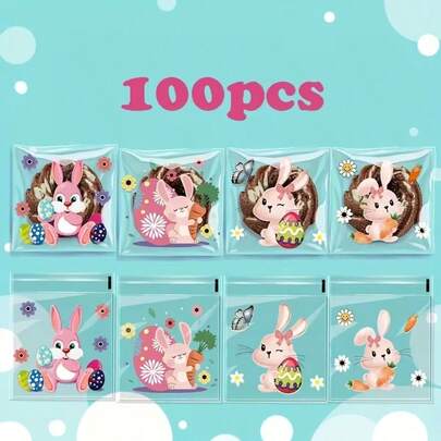 100pcs Easter Bunny & Egg Design Self-Adhesive Gift Bags, Vibrant Transparent Plastic Bags With Cute Rabbit And Colorful Egg Patterns, Suitable For Holiday Snacks, Party Favors And Baking