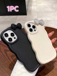 可爱黑白蝴蝶结元素新颖波浪边3D水钻防震防滑防刮少女风黑白纯色马卡龙手机壳，饰有可爱蝴蝶结，流行款，适合春季、生日礼物，甜美风格，防震、防滑、防刮，兼容 17/17 Pro/17 Pro Max/17 Air、16/15/14/13/12/11/Pro/Pro Max/Plus、S20-S25/FE/Ultra、A56 5G，兼容红米手机，生日礼物，礼品 - 黑色 - 查看 4