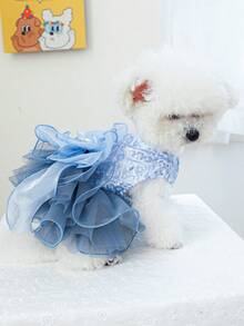 1pc Pet Clothes, Dog/Cat Apparel For Small Dogs, Poodle, Teddy, Casual & Fashionable, Cute & Romantic, Blue Galaxy Wedding Dress Series - Multicolor - View 3