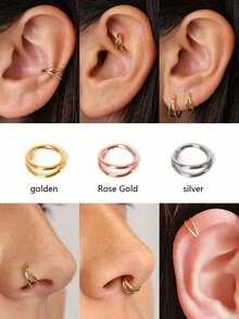 Khuyên tai đơn vành đôi, khuyên tai đôi vành đôi bằng bạc mạ vàng 18K, ít gây dị ứng, thích hợp đeo một bên tai, có thể đeo ở xương tai, sụn tai, vành tai ngoài, v.v., khuyên mũi bằng thép không gỉ 316L, trang sức xỏ khuyên sụn tai 16 lỗ, khuyên mũi, khuyên môi. - Vàng - Xem 3