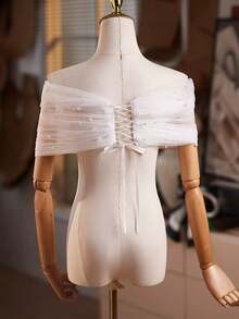 一件式新娘无肩带婚纱，配珍珠披肩和装饰性单肩披肩，适合露肩派对和活动，前后双面可穿。 - 米色 - 查看 6