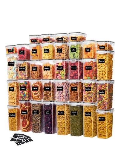 49pcs Kitchen Decor And Accessories,Complete Food Storage Containers With LIDS, Clear Food Jars, Moisture-Proof Sealed Crisper, Suitable For Cereals, Rice, Salt, Pepper, Tea, Nuts And Coffee Beans, Plastic Food Storage Jars, Household Kitchen Items,