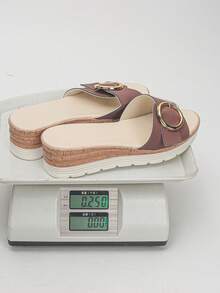 大码夏季新款时尚百搭厚底白色小金属扣女士套脚露趾舒适透气黑色棕色酒红色凉鞋，适合搭配连衣裙、沙滩装。 - 特級酒紅色PU - 查看 9