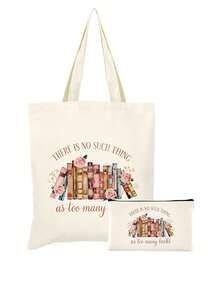 1/2件套 书迷主题创意书籍插画帆布书包，带拉链的铅笔盒套装，印有励志的“你真棒”图案，学院风帆布手提袋套装，适合返校、毕业、旅行、生日、周年纪念、教师节，以及作为感谢礼物送给同学、朋友、学生和老师。 - 米色 - 查看 16