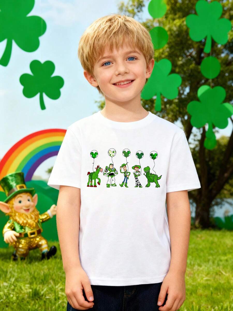Disney St. Patrick's Day-Themed T-Shirt, Toy Story Cartoon Print Boys' T-Shirt, Made Of Soft And Comfortable Pure Cotton Fabric, Breathable And Durable. Spring/Summer Children's T-Shirt, Unisex For Boys And Girls, Perfect As A Gift For Little Ones. - White - View 1