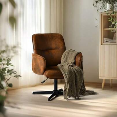 FurnitureR Silla Cruzada Silla Oficina Ergonómica con Respaldo Medio y Reposabrazos Sin Ruedas Asiento Ancho con Patas Cruzadas Tela Gamuza Vintage Altura Ajustable Giro 360° Marrón