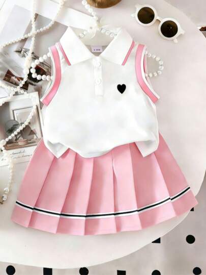 2pcs Baby Girls' Heart Embroidery Polo Collar Sleeveless Top And Pleated Skirt With Waistband, Cute & Elegant Outfit