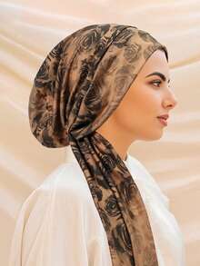 1pc Women's Vintage Rose Jacquard Muslim Headscarf Hat - Elastic Breathable Long-Tail Tie-Back Modest Cover,Multi-Color Elegant For All-Skull Coverage (Hand Washable) - For Muslim Women Daily Wear Hair Sleep Cap - Color - View 6