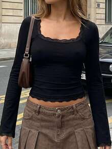 Y2k Flare Long Sleeve Crop Tops For Women Lace Trim Square Neck Low Cut Stretchy Blouses Slim Fit T Shirt Going Out Tops Party Clubwear Streetwear Spring Summer Fall Aesthetic Clothes - Black - View 3