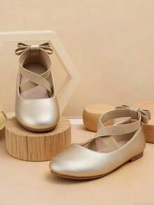 儿童金色弹力交叉蝴蝶结平底鞋 - 金色 - 查看 1