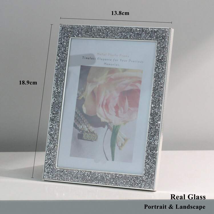 Marco de fotos de metal plateado de 6/7/8 pulgadas con decoración de cristales, decoración de hogar lujosa y elegante - Plateado - Añade 11