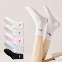 5 Pairs Women's Cute Puppy Patterned Lace Trim Mid-Calf Socks, Versatile & Suitable For Daily Wear - Multicolor - View 2