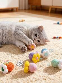 耐用猫咪磨牙玩具，带铃铛，互动式自玩球 - 彩色 - 查看 8