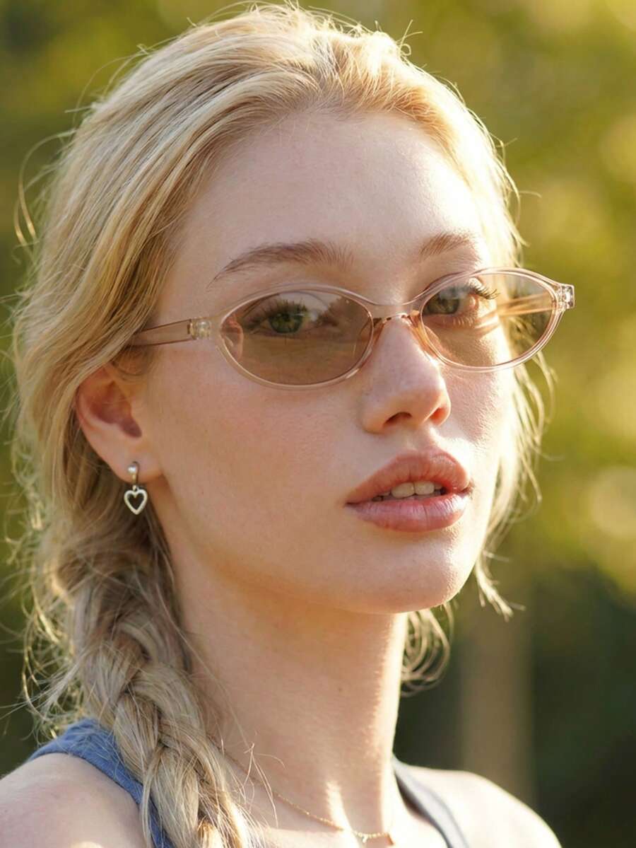 1 Pair Women's Champagne Oval PC Frame Vintage Solid Color Small Frame Fashionable Outfit Travel Holiday Fashion Glasses - Champagne - View 1