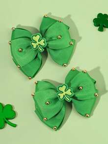 2pcs St. Patrick's Day Shamrock Hair Bows For Girls Gold Beaded Deocr Bow Alligator Clips Simple Clover Hair Clips Delicate Parade Barrettes Green Hairpins Teens Hair Accessories - Green - View 8