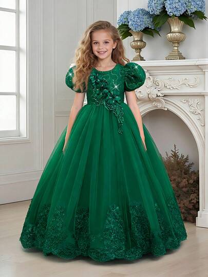 Váy dự tiệc lưới thêu hoa cho bé gái, thích hợp cho tiệc tùng, sinh nhật, không kèm băng đô