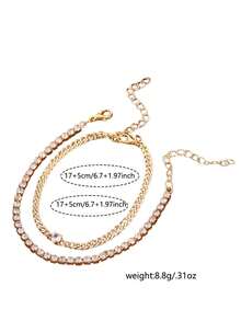 2pcs Men's Zinc Alloy Bracelet, Cubic Zirconia Embellished Chain Layered Design, Elegant Luxury Style Suitable For Daily Wear - Yellow Gold - View 6