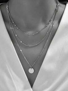 1pc Simple & Fashionable Metal Punk Chain Necklace With Round Pendant And Multiple Layers For Women, Cross-border - Yellow Gold - View 7