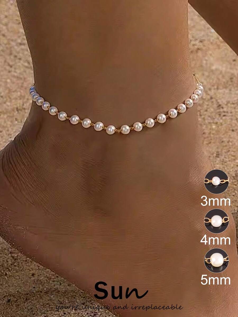 1pc Simple White Faux Pearl Chain Anklet For Women Fashion Stainless Steel Ankle Bracelet On Leg Foot Beach Jewelry Gift - Anklets - View 1