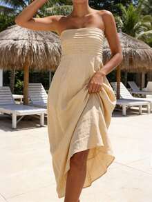 Women's Tube Top Dress Strapless Sleeveless Solid Color A-Line Long Dress Summer Party Dress - 卡其色 - 查看 6