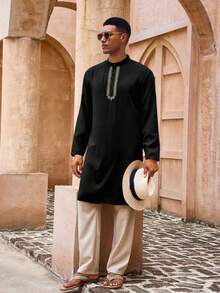 Runcati Mens Kaftan Thobe Casual Henley Shirts Button Up Long Sleeve Robe Muslim Gown Shirt - màu đen - Xem 2