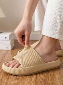 Fashionable New Thick-Sole Soft-Bottom Comfortable Casual Outdoor Lightweight Holiday Beach Slippers, EVA Thick-Sole Material Soft-Bottom Multi-Function Shoes With Simple Vertical Stripe Single Hole Design, Suitable For Indoor And Outdoor Bathroom Occasions, Soft Thick-Sole, Quality Lightweight Comfortable Couples Slippers - Khaki - View 7