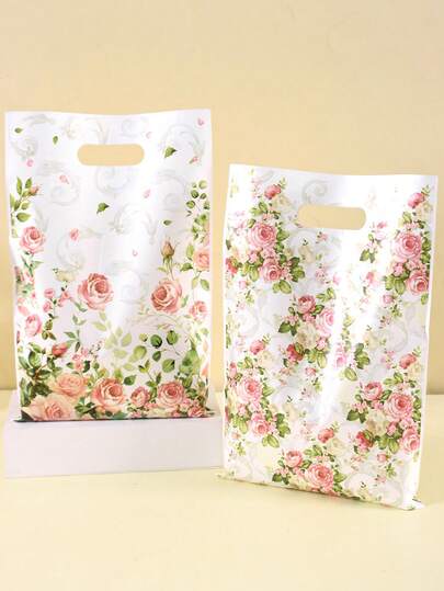 10/20/50个装花卉礼品袋，复古玫瑰粉色花卉塑料派对礼品袋，带提手，春季礼品包装袋，母亲节、生日、婚礼、新娘送礼会派对用品，礼品包装袋