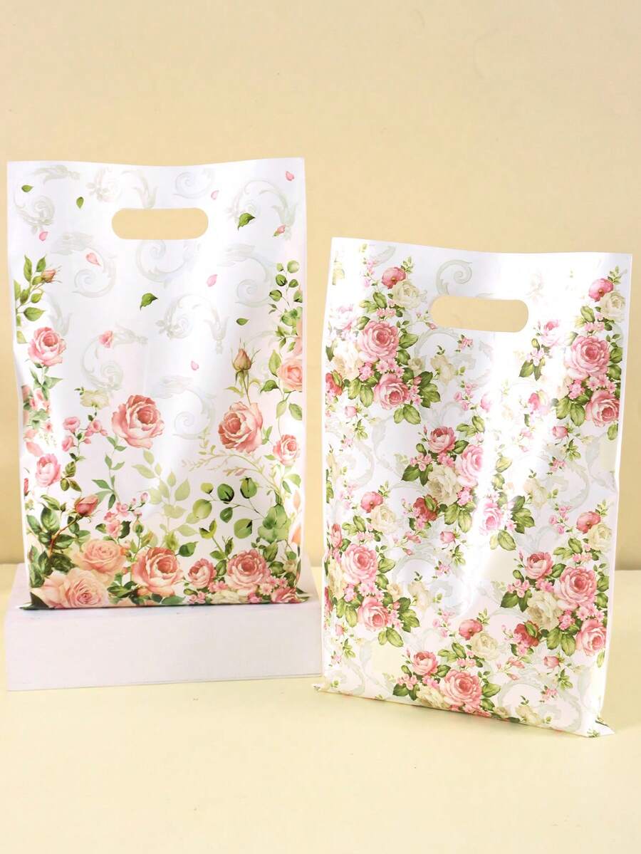 10/20/50 túi quà hoa, túi nhựa hoa hồng màu hồng cổ điển có tay cầm, túi đựng quà mùa xuân, hoàn hảo cho Ngày của Mẹ, sinh nhật, đám cưới, tiệc cưới, đồ dùng đóng gói quà tặng.