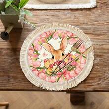 1/4/6pcs Easter Collection, A Light Brown Rabbit Peeking Out From A Cluster Of Tulips, The Outer Circle Surrounded By A Ring Of Blooming Pink Tulips Dotted With A Small Pink Butterfly, Linen Printed Tassel Placemat/Coaster - Multicolor - View 3