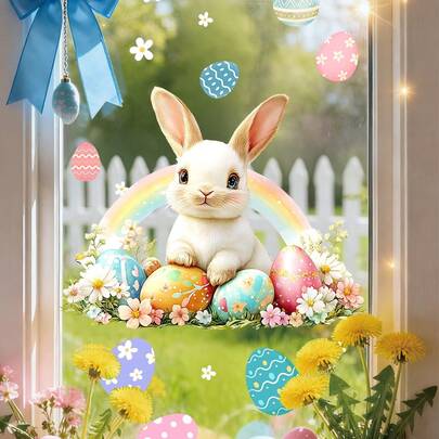 1/4pcs Easter Window Clings, Electrostatic Adsorption Window Film, Featuring Designs Including Bunnies And A Flower-Decorated Easter Egg Car. Suitable For Bedroom And Home Decor.