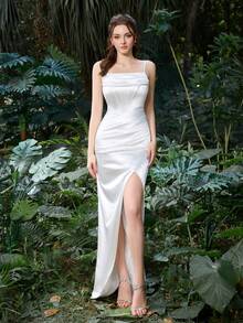 Faeriesty Elegant White Pleated Satin Maxi Dress - Sexy Bustier Style Fitted Long Evening Gown With High Slit, Suitable For Parties, Galas, Weddings, Balls - White - View 1
