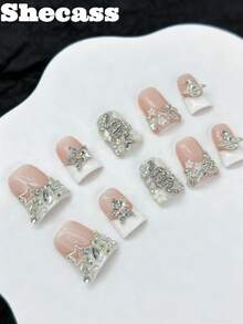 10片手工制作的法式短鸭嘴美甲贴片，3D立体装饰美甲，包含3个美甲工具和胶水，适合女性和女孩在派对、旅行、日常、上学、音乐活动、夏季和度假时使用。 - 彩色 - 查看 2