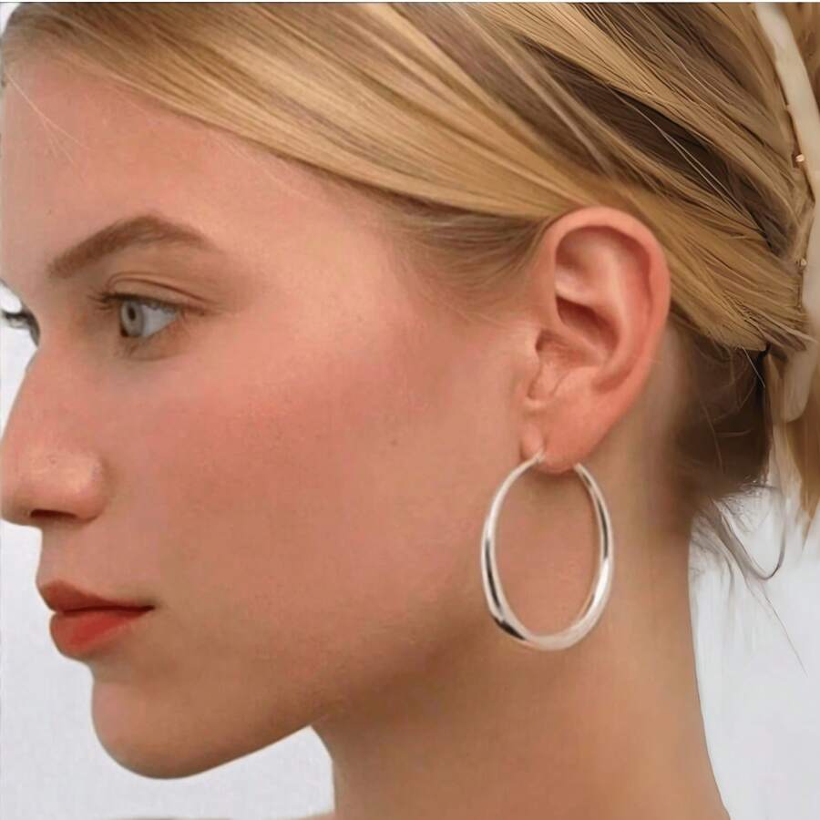 一对925纯银镀层简约抛光圆形耳环，时尚魅力女士珠宝礼品 - 銀色 - 查看 1
