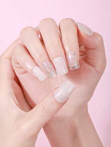 16 Pcs Nude White Semi Cured Gel Nail Strips, Shimmering Minimalist Style Gel Nail Stickers, Easy To Apply, Suitable For Students And New Professionals. - Apricot - View 4