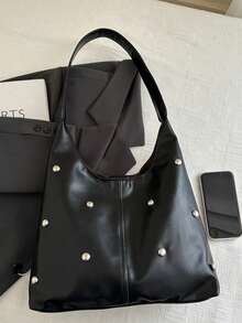 2026 Matte Solid Color Punk Rivet Commuter Tote Bag, Minimalist Style Shoulder Bag, Fashionable Large Capacity Shoulder Bag, Gothic Style - Black - View 3