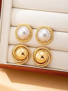 1 Pair Fashionable Geometric Round Faux Pearl Stud Earrings, Suitable For Women's Party, Gathering, Daily Wear, Versatile, Gift - Earrings - View 3