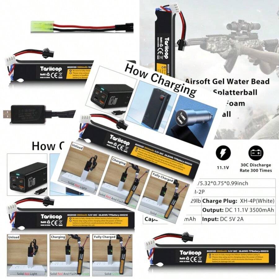 Tosiicop Airsoft Gel Blaster Battery - 11.1V 3500mAh Airsoft Lipo Batteries For Water Bead Splat Ball Splatter With Mini Tamiya Connector To -2P Plug Rechargeable Charging CableFull Of Fun - 如圖所示 - 查看 1