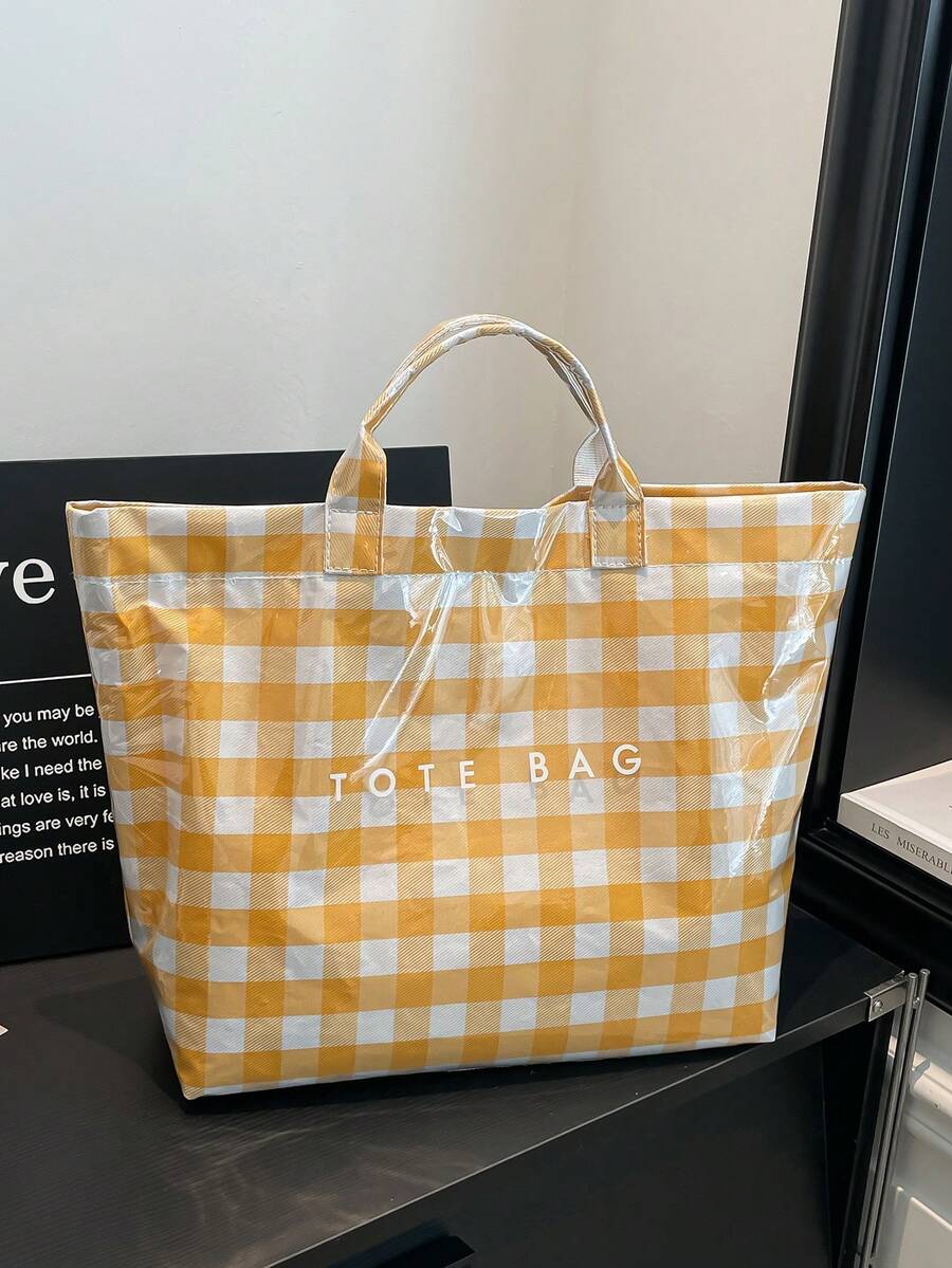 1个新款女士情人节大容量手提包，休闲格子透明果冻包，百搭学院风手提包，适合学生/旅行/健身/妈妈们，简约字母印花手提包