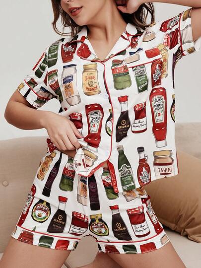 2 piezas Conjunto de pijama de mujer con estampado de comida, con ribete rojo, parte superior de punto cómoda con cuello vuelto, bolsillos delanteros con botones, pantalones con cintura elástica, adecuado para todas las estaciones como ropa de estar en casa